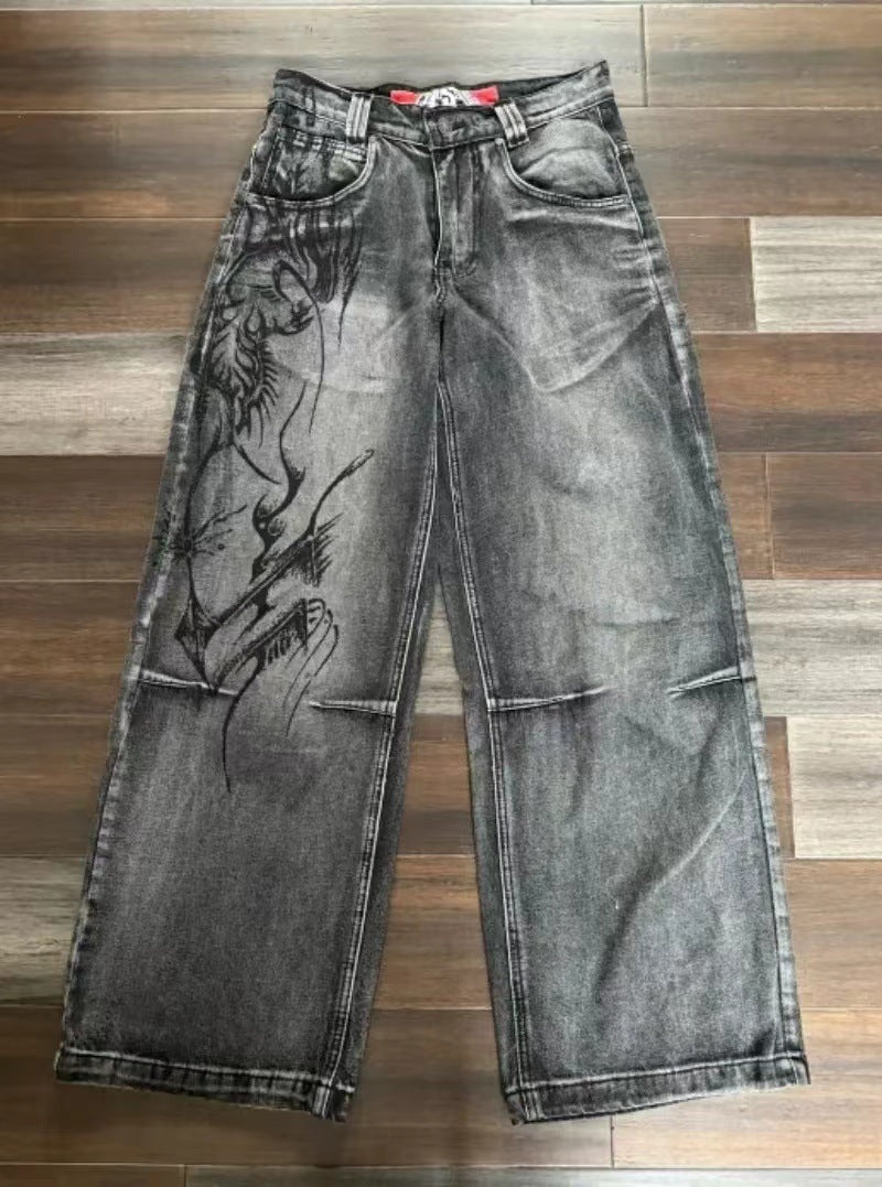 Retro Worn Looking Washed-out Hip Hop Loose Wide Leg Jeans Trendy Cool Jeans