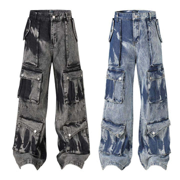 Retro Washed Distressed Tie-dye Multi-pocket Denim Overalls