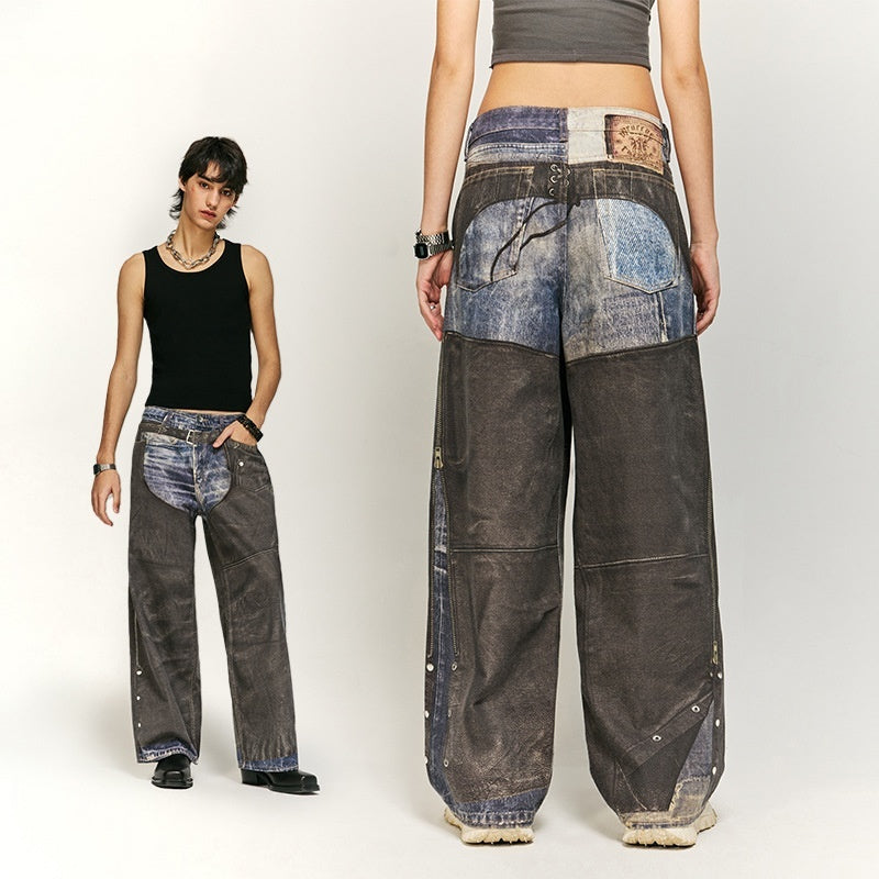 Leather Patchwork Digital Printing Jeans Brand Wide Leg Jeans