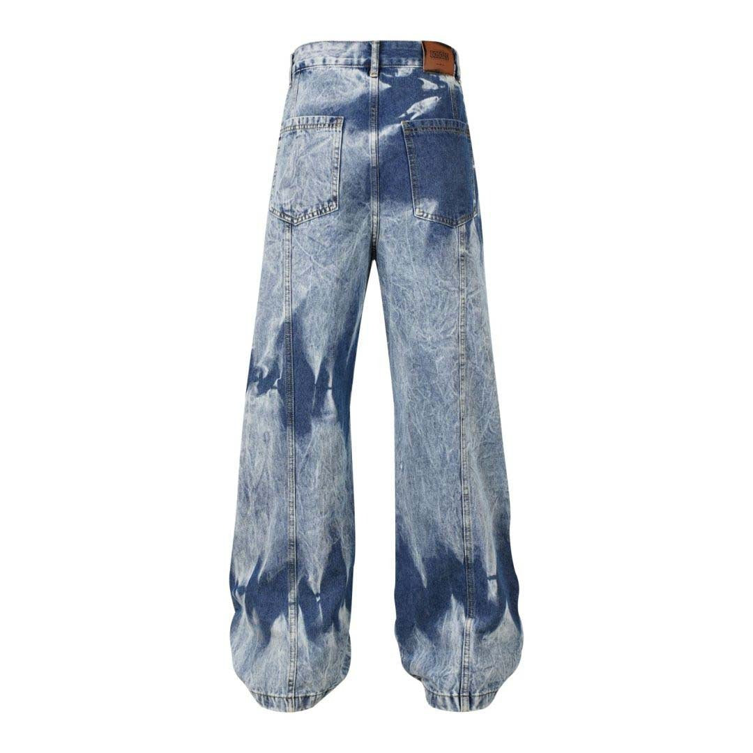 Retro Washed Distressed Tie-dye Multi-pocket Denim Overalls