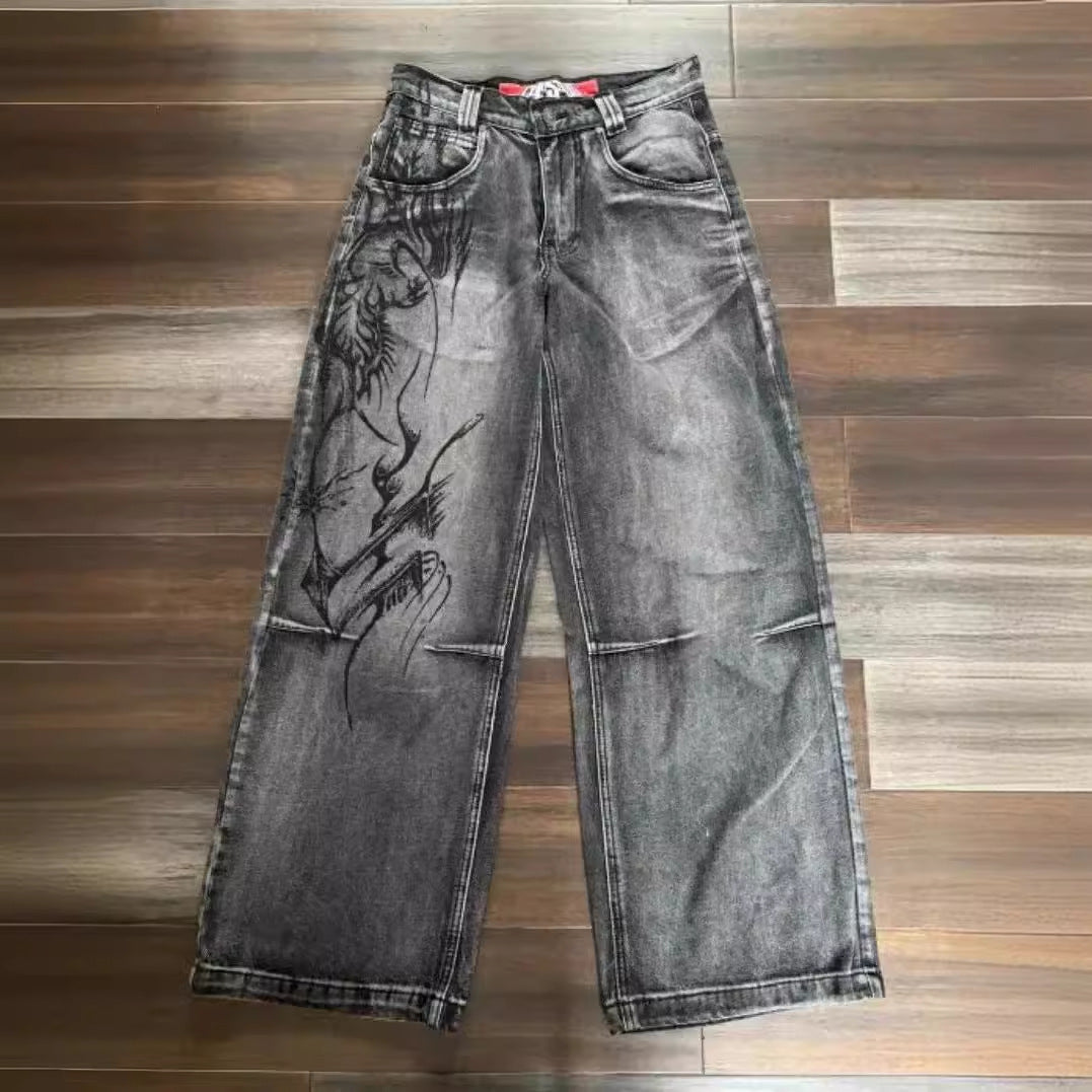 Retro Worn Looking Washed-out Hip Hop Loose Wide Leg Jeans Trendy Cool Jeans