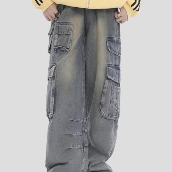 American Retro Multi-pocket Straight Cargo Jeans