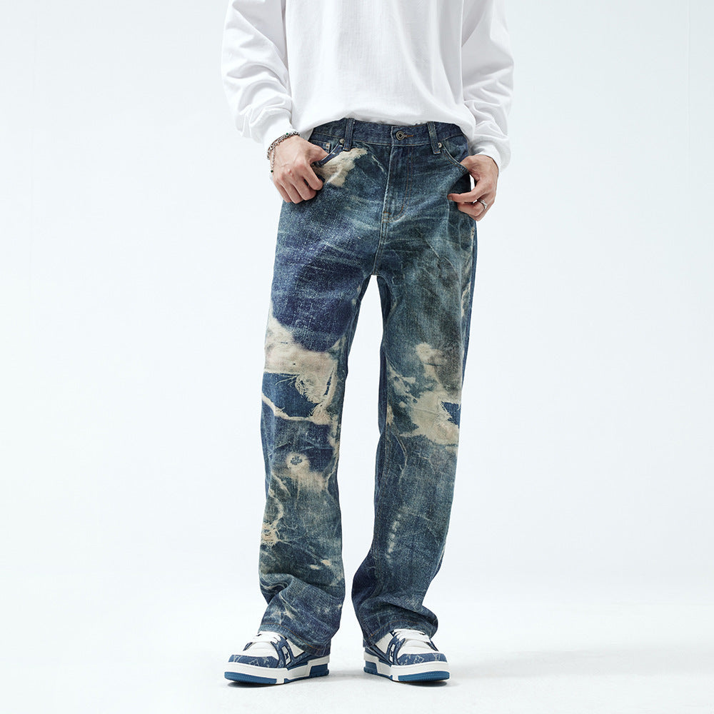 Fake Ripped Jeans Men's Fashion Straight Trousers