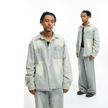 Men's Loose Washed-out Brushed White Light Blue Denim Coat Trousers